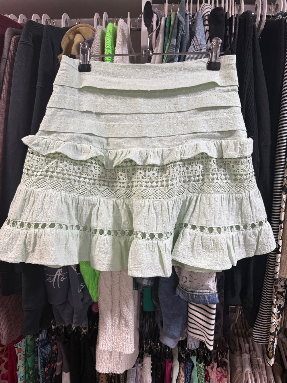miami Light Mint Ruffle Lace Tiered Mini Skirt